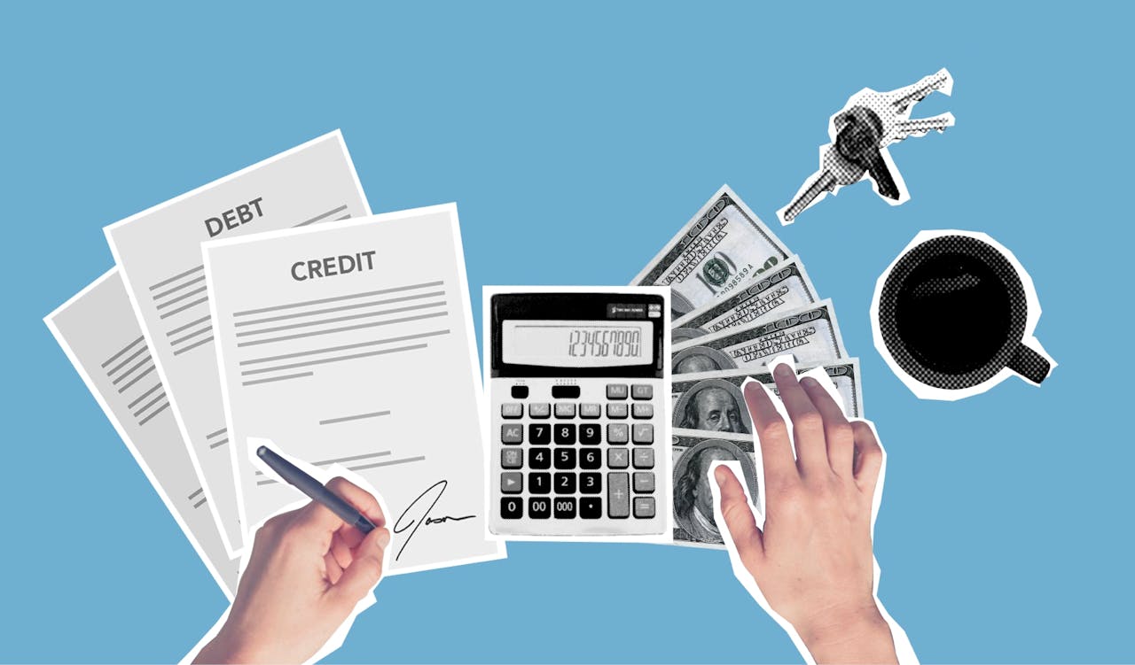 Mastering the monthly budget: This one budgeting rule will keep you from going broke mid-month AND save your SIP too. Top view of cutout paper composition of male signing credit paper while counting cash and apartment cost against blue background
