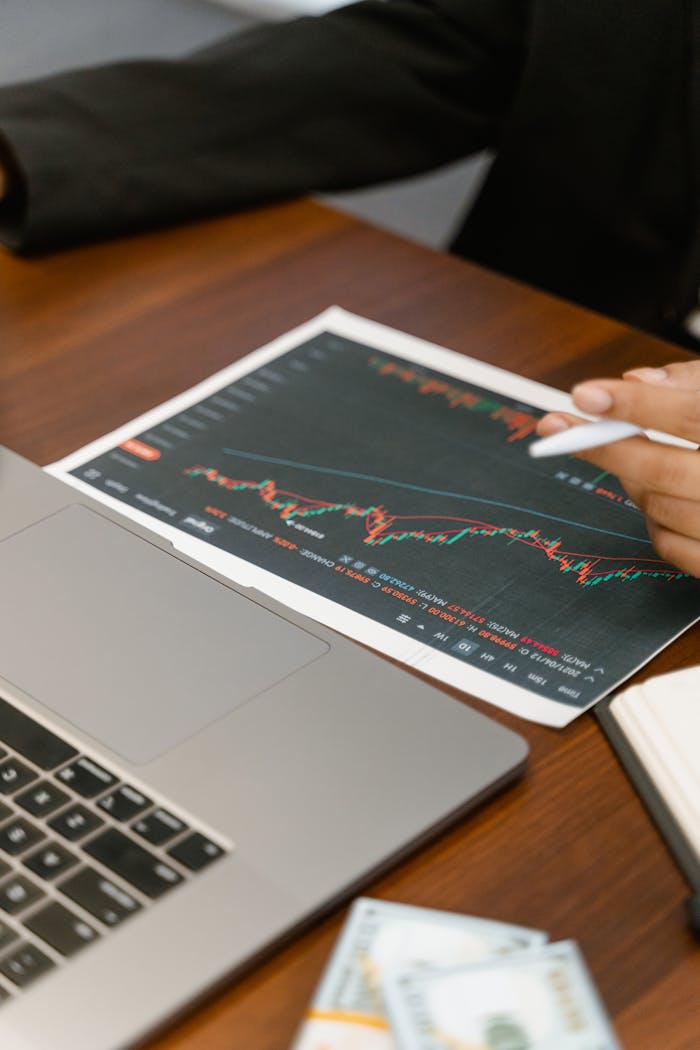 Early Signs of Trend Reversal : The Head and Shoulders. Close-up of business analysis with a laptop, chart, and currency on a wooden table.